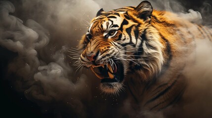 Portrait of a tiger in smoke, striped predator, big cat