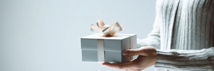 a woman hand holding a silver gift box,valentines day - obrazy, fototapety, plakaty