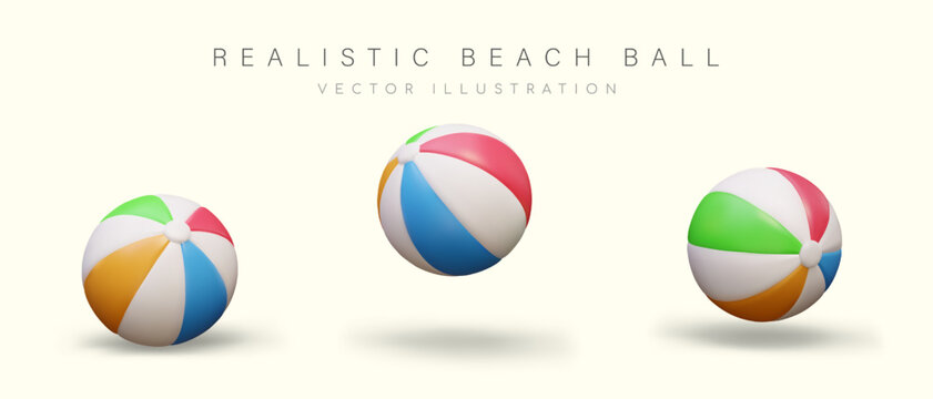 Realistic beach ball in different positions. Travel and vacation concept during summer season. Vector illustration in 3d style with shadow and place for text