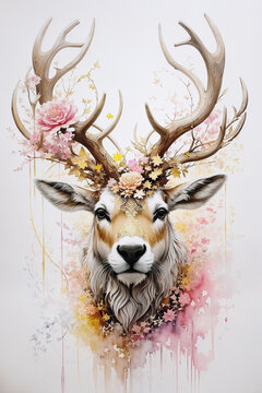 deer in a crown of flowers, in pink and yellow colors on a white background, with paper texture, good for wall art, interior, tatoo, poster