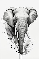 sketh portrait of african elefant, Line art back and white illustration on white background with paper texture, good for wall art, interior, tatoo