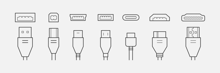 Cable connectors and plugs line icons set . USB, HDMI, ethernet icon set. Mini, micro, lightning, type A, B, C connectors. Vector illustration white background	