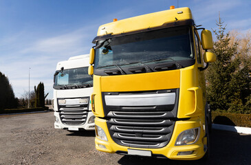 Fototapeta na wymiar Yellow and white cab trailerless tractor in sunlight against the sky. Modern powerful truck cab. Transportation, service, sales, leasing