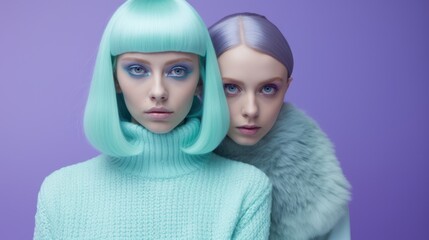 Two young women high fashion shoot in galagram futuristic colors.