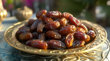 Dates fruit in oriental bowl on table, closeup view