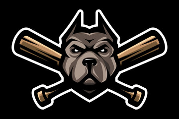 Pit Bull and crossed baseball bats. Fighting dogs symbol, sport mascot. T-shirt print.