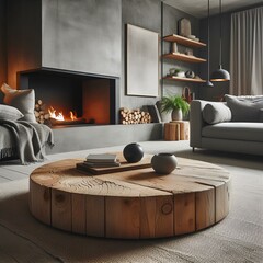 Close up of rustic round coffee table against grey bench and fireplace.