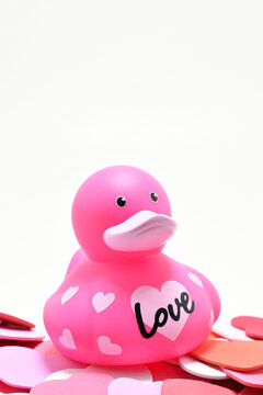 Patito de hule sobre corazones de colores, concepto del d&iacute;a de San Valent&iacute;n. Espacio para texto en la parte superior.