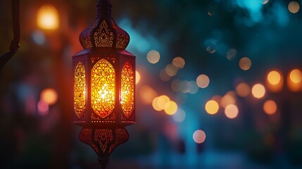 Arabic lantern with bokeh lights on a dark background. Ramadan Kareem greeting card