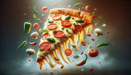 a hot slice of pizza floating in mid-air, defying gravity with a perfectly melted layer of cheese stretching from the slice, accompanied by vibrant tomato sauce and assorted toppings.