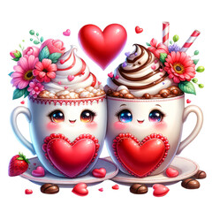 Cute Valentine's Day couple drinking hot Cocoa or chocolate with red hearts Watercolor clipart isolated on Transparent Background, Elements for valentine's day festival design.