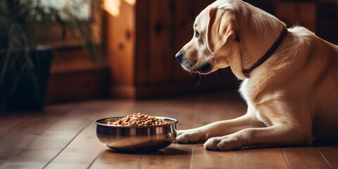 Dinner time! Canine consuming kibble from a dish in the lounge at residence.
