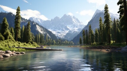 A tranquil alpine lake surrounded by towering snow-capped mountains as the sun sets behind the peaks -Generative Ai