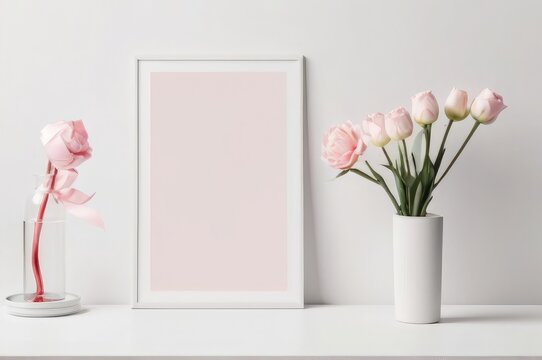 mockup white frame photo with red roses, red flowers tulip in a glass vase hearts an empty frame on a table valentine day picture template love theme. 3d illustration of a love background with space.