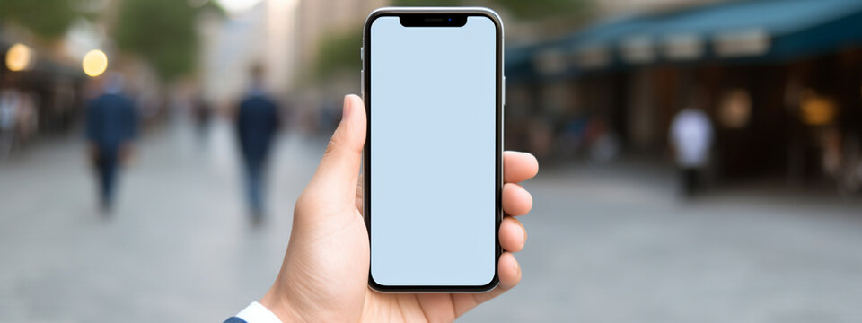 close up of a phone in a man's hand with a blank screen