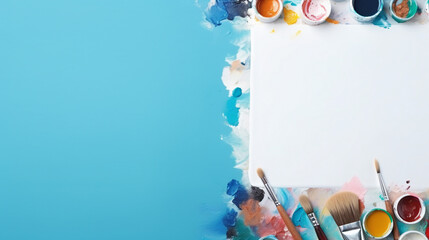 Expressive Artistic Tools on Wooden Easel with Blue Background - Creative Learning and Design Concept