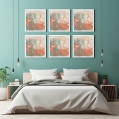 Cozy Bedroom With Bed and Four Paintings