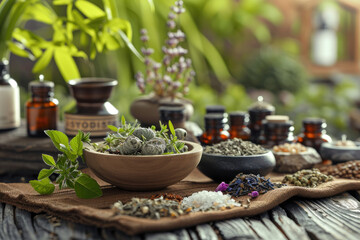 Herbal spa treatments and acupuncture converge - obrazy, fototapety, plakaty