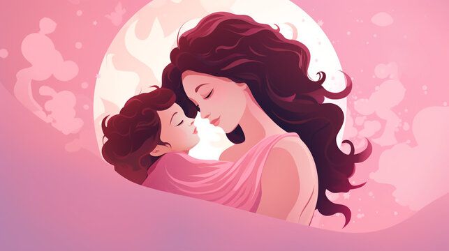 a mother carrying a baby, in the style of animated gifs, light pink background