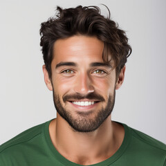 Obraz premium Studio portrait of a man smiling with a modern haircut and green shirt. Advertisement for dental, business, studio, etc.
