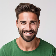Fototapeta premium Studio portrait of a man smiling with a green shirt and off white background. Advertisement for dental, business, studio, etc.