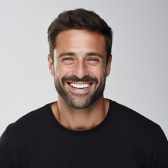 Studio portrait of a man smiling with a modern haircut. Advertisement for dental, business, studio, etc.