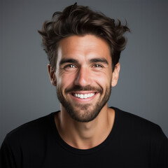 Fototapeta premium Studio portrait of a man smiling with a black/grey background and black shirt. Advertisement for dental, business, studio, etc.
