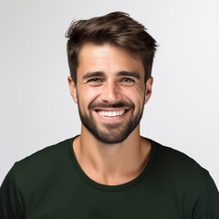 Obraz premium Studio portrait of a man smiling. black shirt, white background. Advertisement for dental, business, studio, etc.