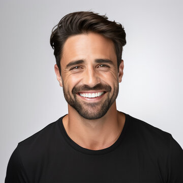 Studio portrait of a man smiling with a modern haircut and black shirt. Advertisement for dental, business, studio, etc.