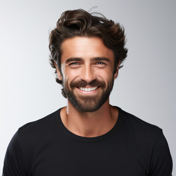 Studio portrait of a man smiling with a modern haircut. black shirt and white background. Advertisement for dental, business, studio, etc.