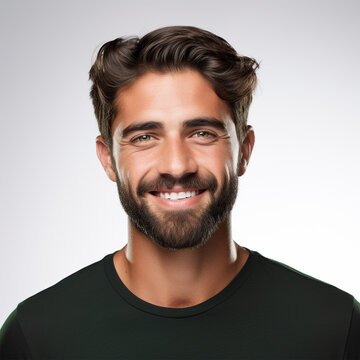 Studio portrait of a man smiling with a modern haircut. Black shirt. Advertisement for dental, business, studio, etc.