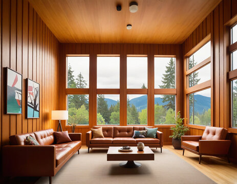 a living room with wooden walls large windows and a leather couch in the style of charley harper post