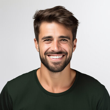 Studio portrait of a man smiling. black shirt, white background. Advertisement for dental, business, studio, etc.