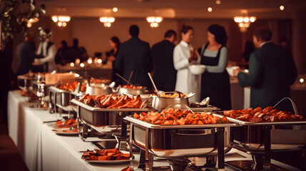 Group of people on catering buffet food indoor in restaurant with grilled meat. Buffet service for any festive event, party or wedding reception. digital ai - obrazy, fototapety, plakaty