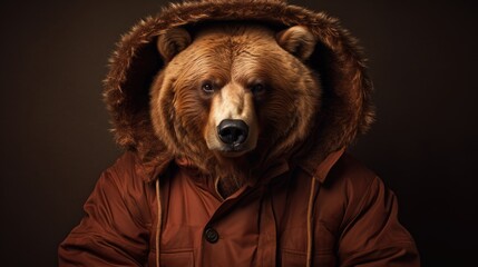 Brown hipster bear in a coat on a brown background.