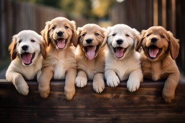 Five cute joyful labrador puppies with tongue out. Happy dogs concept.  - obrazy, fototapety, plakaty