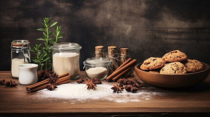 Baking ingredients flour, eggs, rolling pin, butter and kitchen textiles