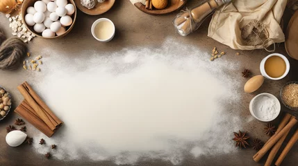 Fotobehang Baking ingredients flour, eggs, rolling pin, butter and kitchen textiles © Артур Комис