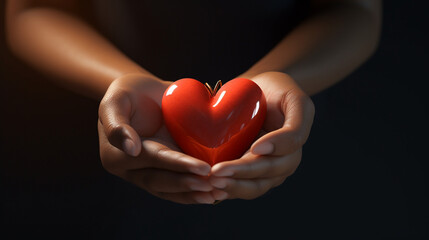 a red heart, emphasizing the importance of charitable actions by holding in hands