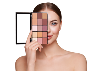 Beauty woman with eye shadow makeup palette. Model with healthy perfect skin, close up portrait. Cosmetology, beauty and spa