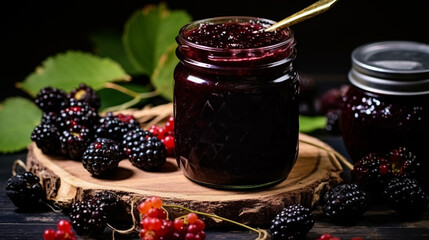 glass jar with blackberry jam and fresh berries on a wooden background