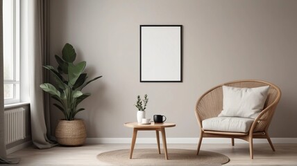 wooden round coffee table near an armchair by the window and wall with a blank mockup poster frame. Scandinavian interior