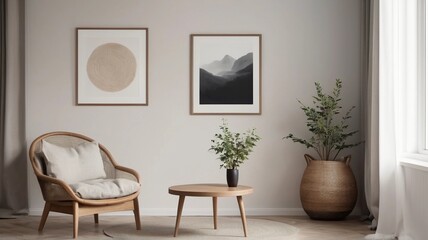 wooden round coffee table near an armchair by the window and wall with a blank mockup poster frame. Scandinavian interior