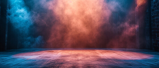 Empty stage with monochromatic colors, dynamic lighting design and atmospheric smoke, offering a dramatic and artistic visual.