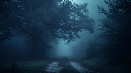 Fototapeta na wymiar Enigmatic shadowy woods with eerie mist-covered path, set in a spooky Halloween setting.
