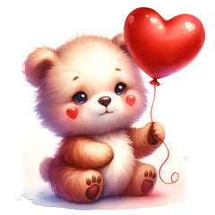 cute teddy bear holding heart balloon watercolor valentine illustration