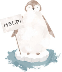 Penguin on a melting iceberg with help sign. Global warming concept. Climate change concept illustration. Environment conservation art - 713319589