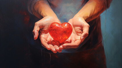 
An emotive and heartwarming painting of a hand extending a red heart, conveying the essence of charity and love,