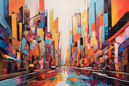 Vibrant abstract cityscape painting captures the lively spirit with explosive colors and dynamic shapes, adding a burst of energy to any artistic project.