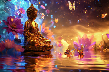 a big glowing golden buddha statue with glowing nature background, multicolor flowers, butterflies